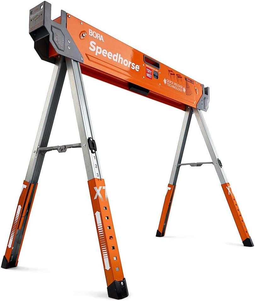 Bora Portamate Speedhorse XT Adjustable Height Sawhorse - Single Piece Stand with 30-36 inch adjustable Legs, Metal Top for 2x4, Heavy Duty Pro Bench Saw Horse for Contractors, Carpenters - PM-4550