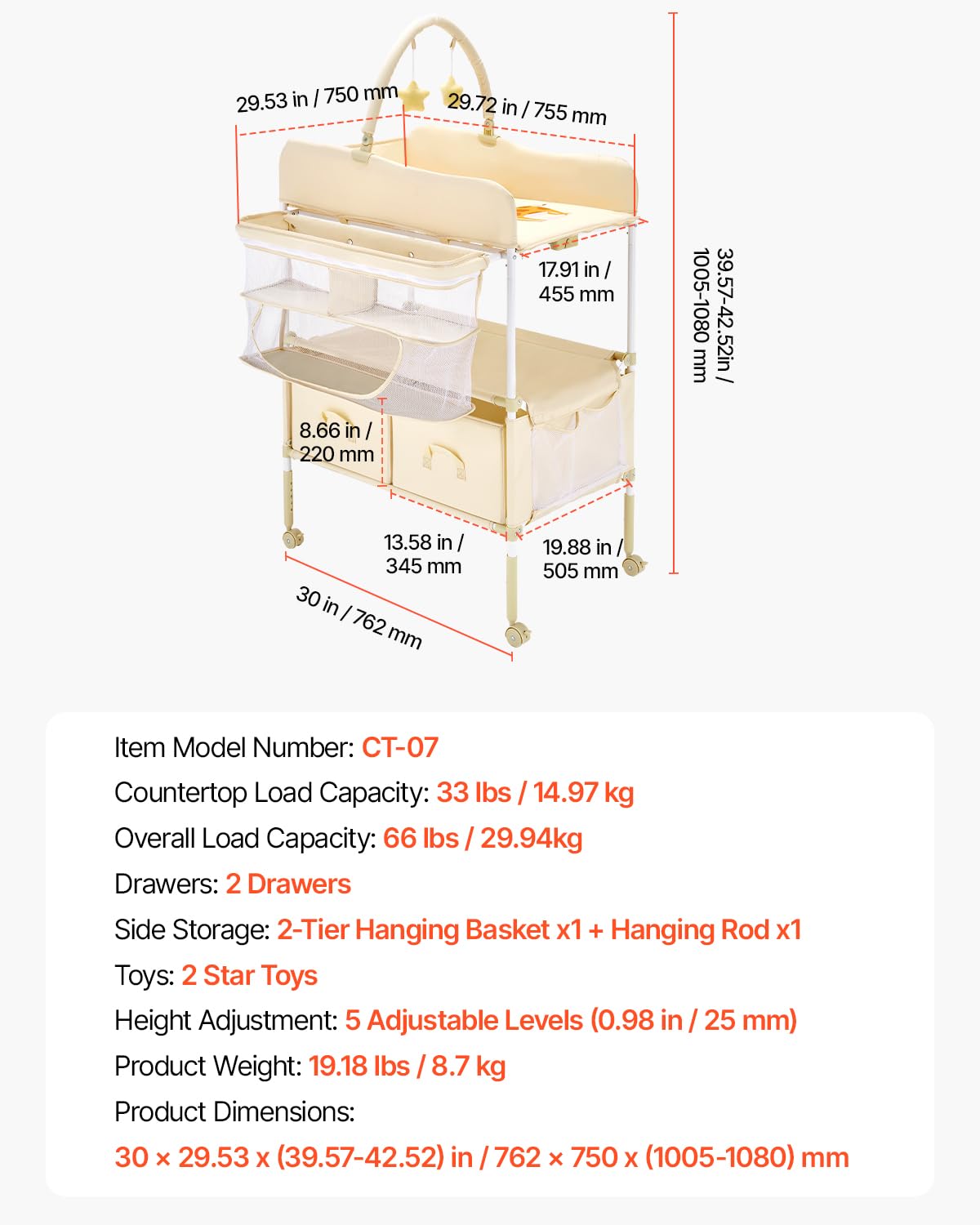 VEVOR Table à Langer Pliable, Plan à Langer 2 Tiroirs en Tissu, Panier Latéral et Tringle de Suspension, Meuble pour Bébé Réglable en Hauteur, avec Roulettes Verrouillables et 2 Jouets Étoiles, Beige