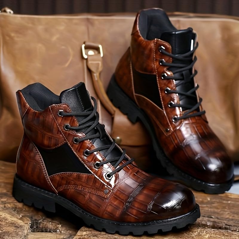 Mens Vintage Grid Pattern PU Leather Work Boots - Comfortable & Durable, Anti-Skid Lace-up Design, Breathable Ankle Boots for Outdoor Adventures - Perfect for Hiking, Work, or Casual Style2