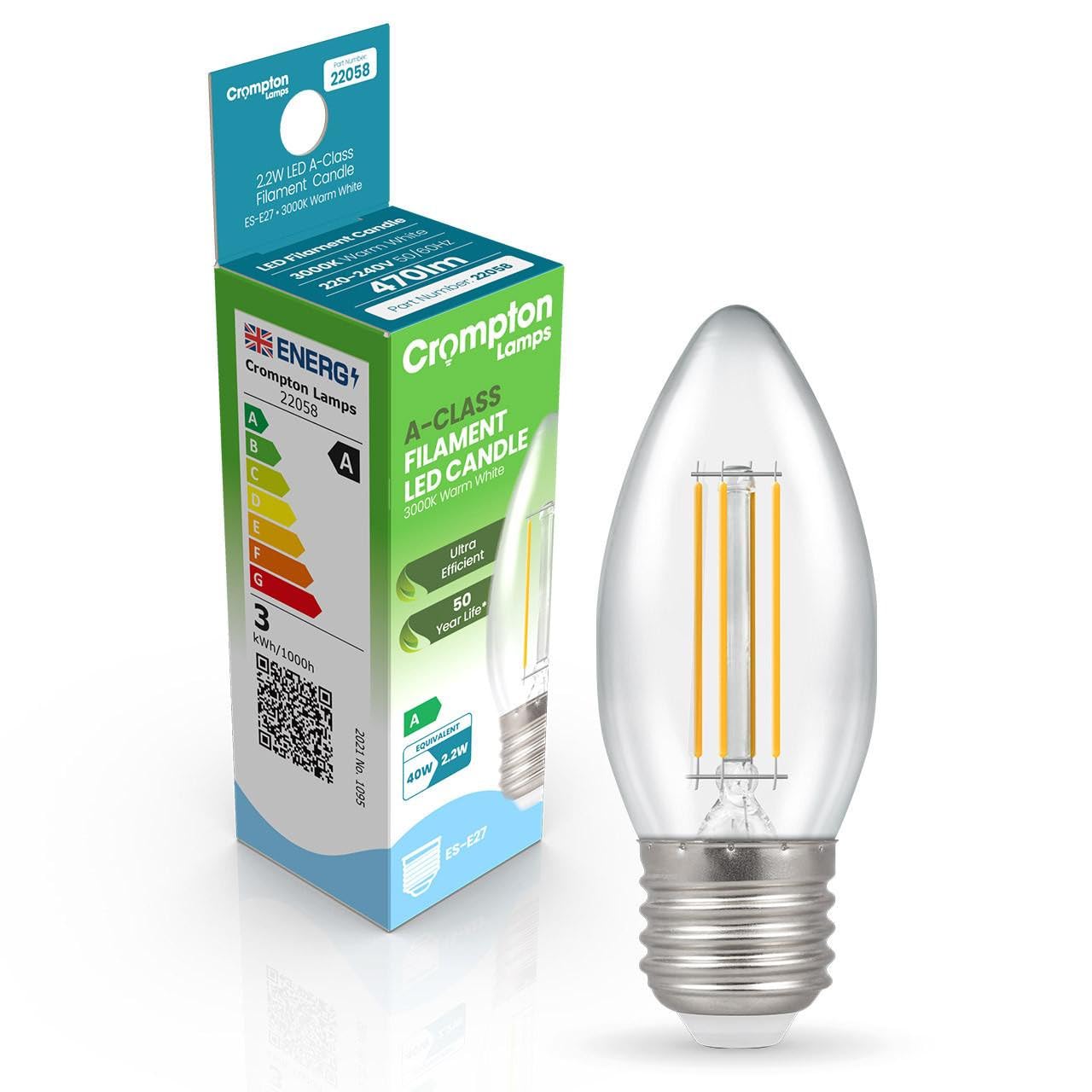 Crompton Lamps LED Ultra-Efficient Candle 2.2W ES-E27 A-Class (40W Equivalent) 3000K Warm White Clear 470lm ES Screw E27 Energy Efficient Filament A-Rated Light Bulb