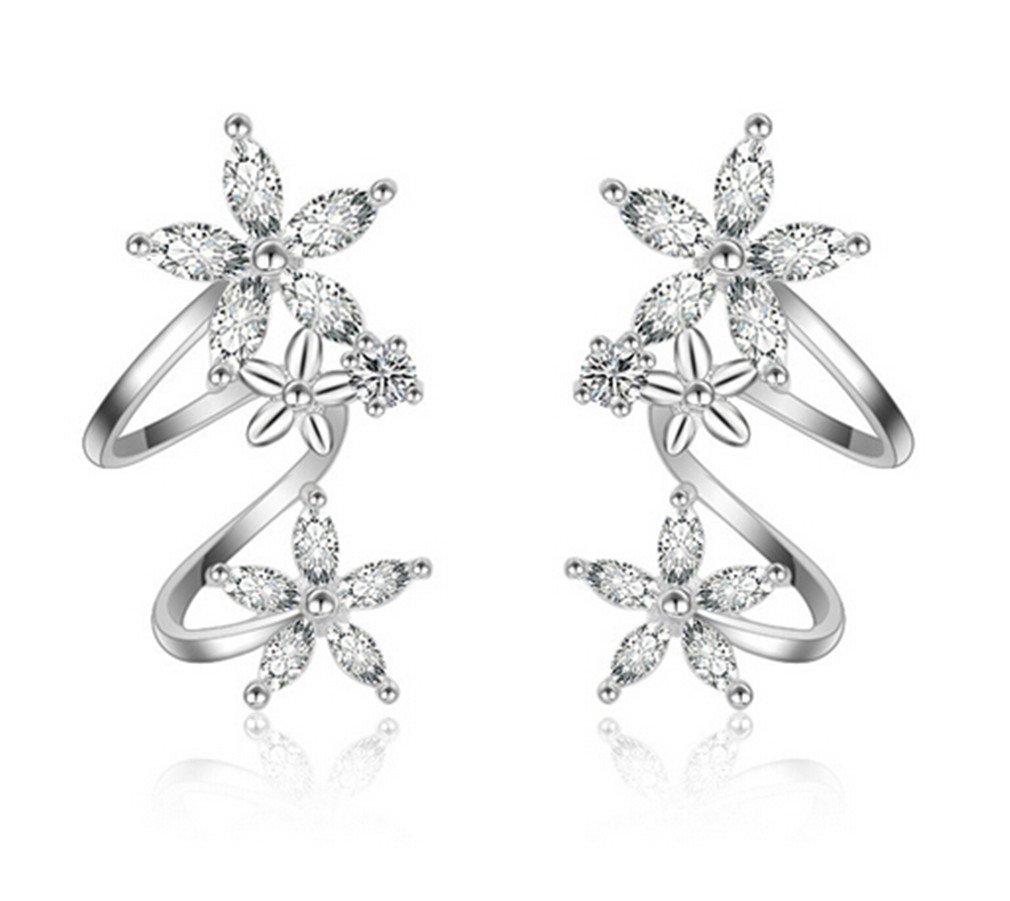 BoowholEarrings Women Girls Different Flower Curve with Cubic Zirconia 925 Sterling Silver Ear Cuff