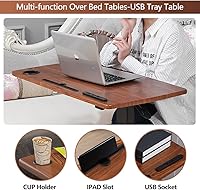 Vista 5 de Mesa Sobre la Cama, Mesa de Cama de Hospital, Mesa de Noche Neumática Ajustable Sobre la Cama con Ruedas Ocultas y USB, Carrito Móvil para Portátil