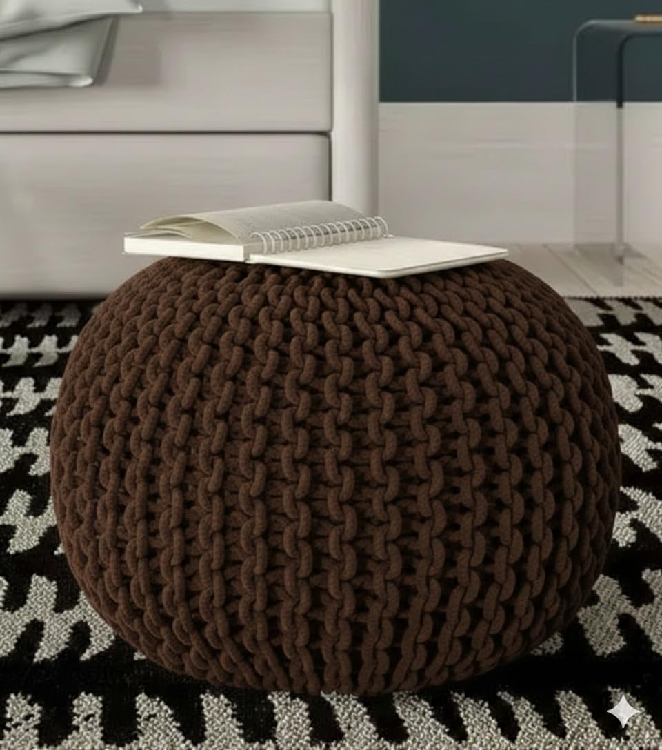 Siya Textile Pouf Puffy for Living Room Sitting Round Ottoman Bean Filled Stool for Foot Rest - Hand Knitted Cable Style Dori Pouf-image-37