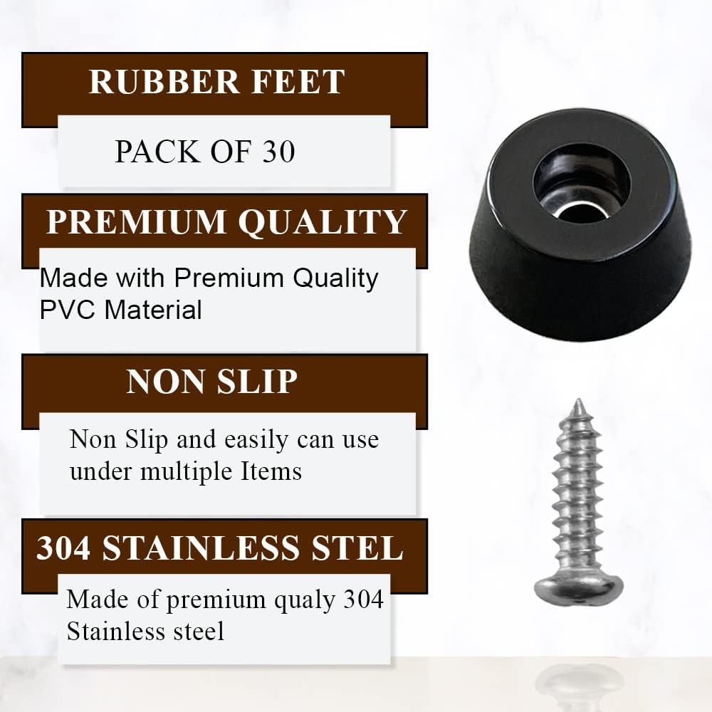 30 PCS Cutting Board Rubber feet (0.59” x 0.31”) with 304 Stainless Steel Screw and Washer, Non Slip Round Rubber Feet pad for Furniture, Electronics and Kitchen Appliances
