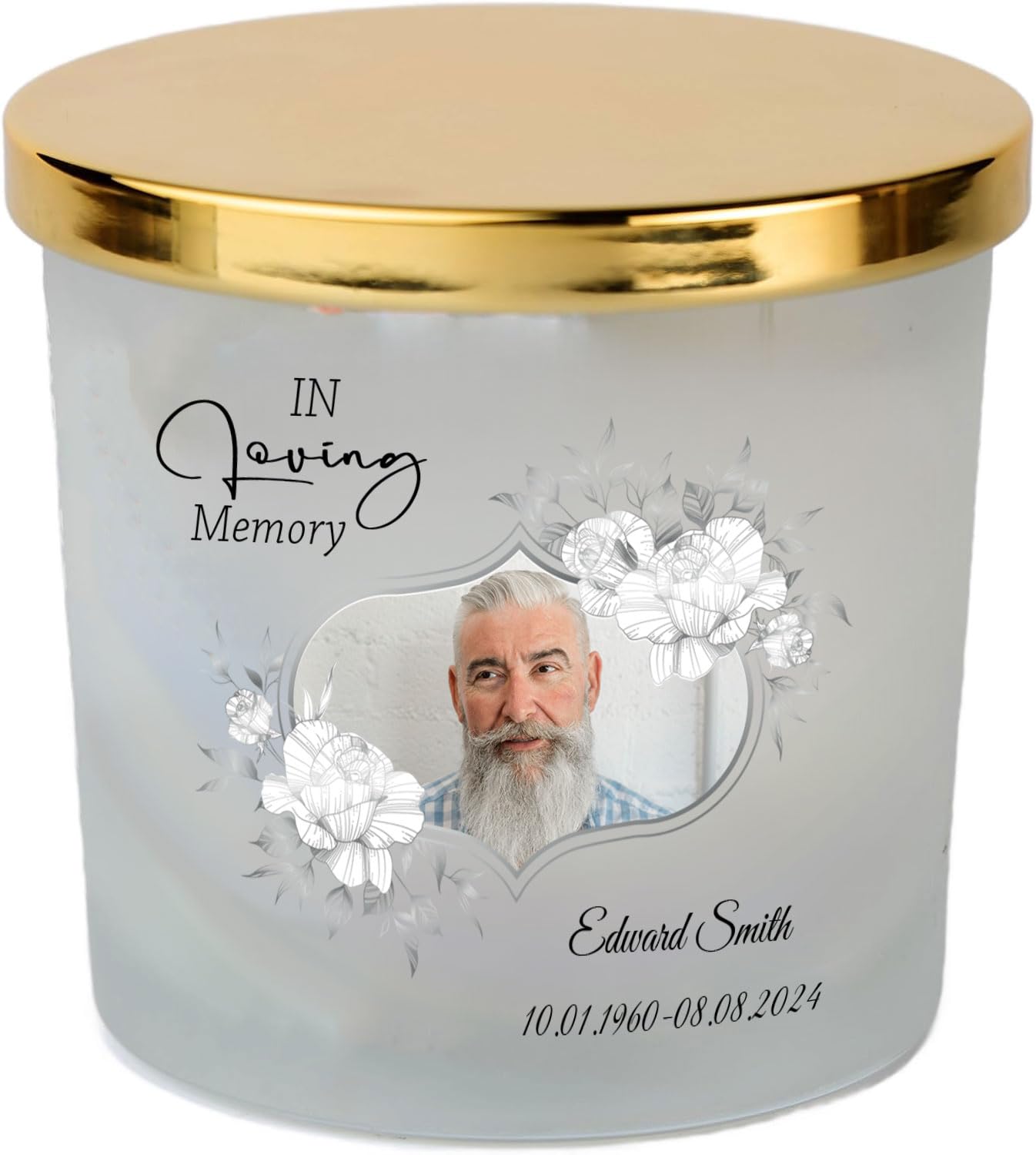 Personalised Bereavement Sympathy Candle, Frosted Glass, Grey Flowers, 640g, 80 Hours Burn Time (Vanilla Musk)