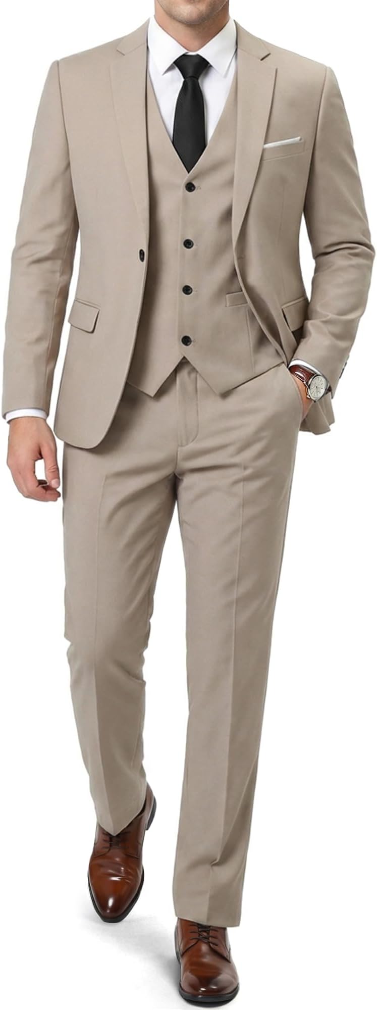 Men's Slim Fit 3 Pieces Suit, One Button Blazer Set, Jacket Vest & Pants Beige, Medium