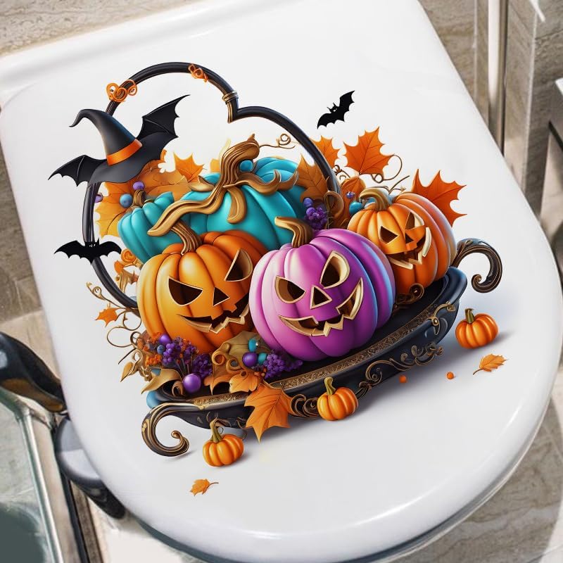 Happy Halloween Day Toilet Cover Sticker Decals,Halloween Pumpkin Bat Waterproof Toilet Lid Tank Seat Decals Cistern Self-Adhesive Bathroom Wall Sticker, Transparent, Paleery@FC-001