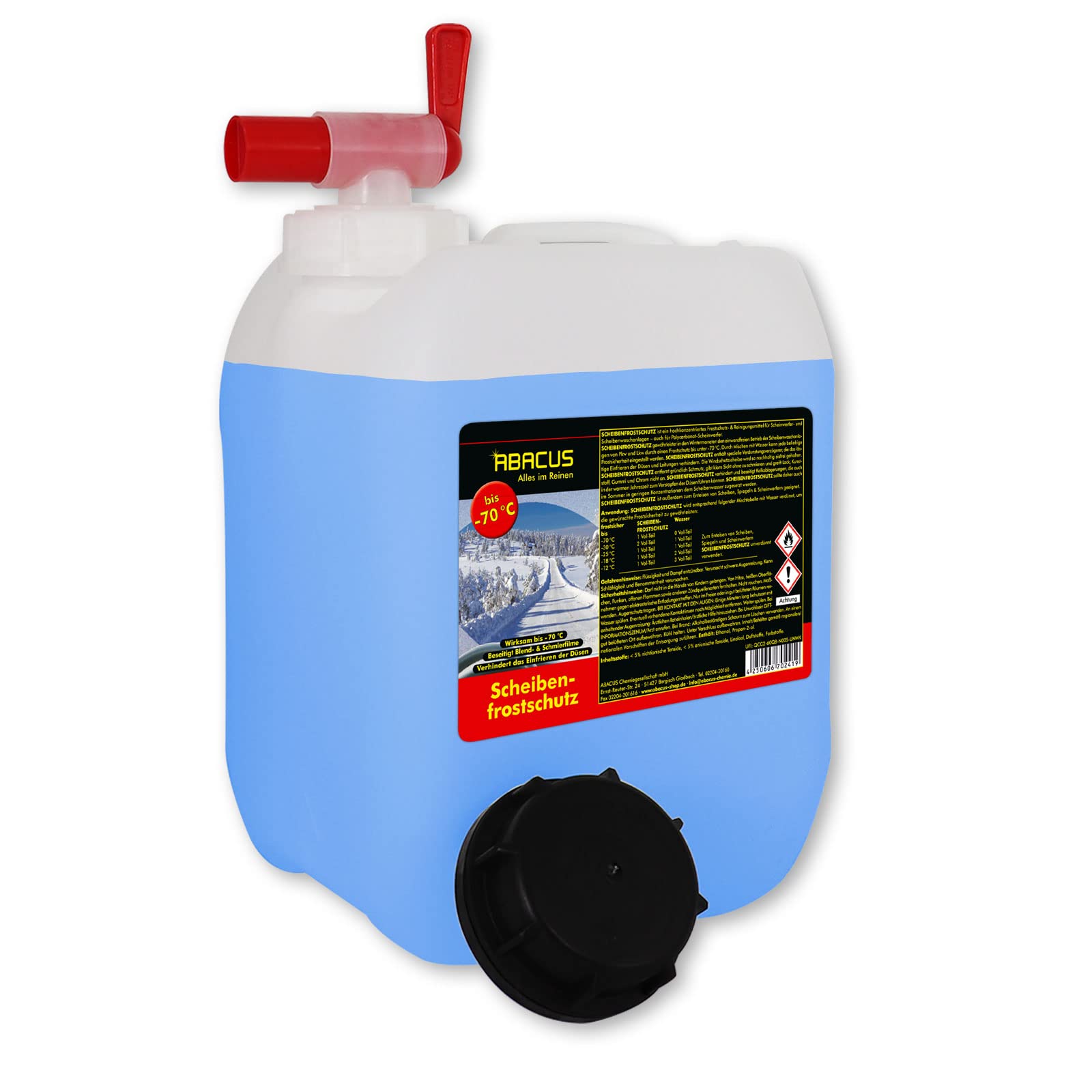 ABACUS® Scheibenfrostschutz bis -70 °C, Scheibenfrostschutz Konzentrat, Frostschutzmittel Scheibenwaschanlage – Scheibenfrostschutz Konzentrat mit Auslaufhahn 5 Liter (1225.5a)