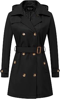 CREATMO US Women's Trench Coat Double-Breasted Classic Lapel Overcoat Belted Slim Outerwear Coat with Detachable Hood