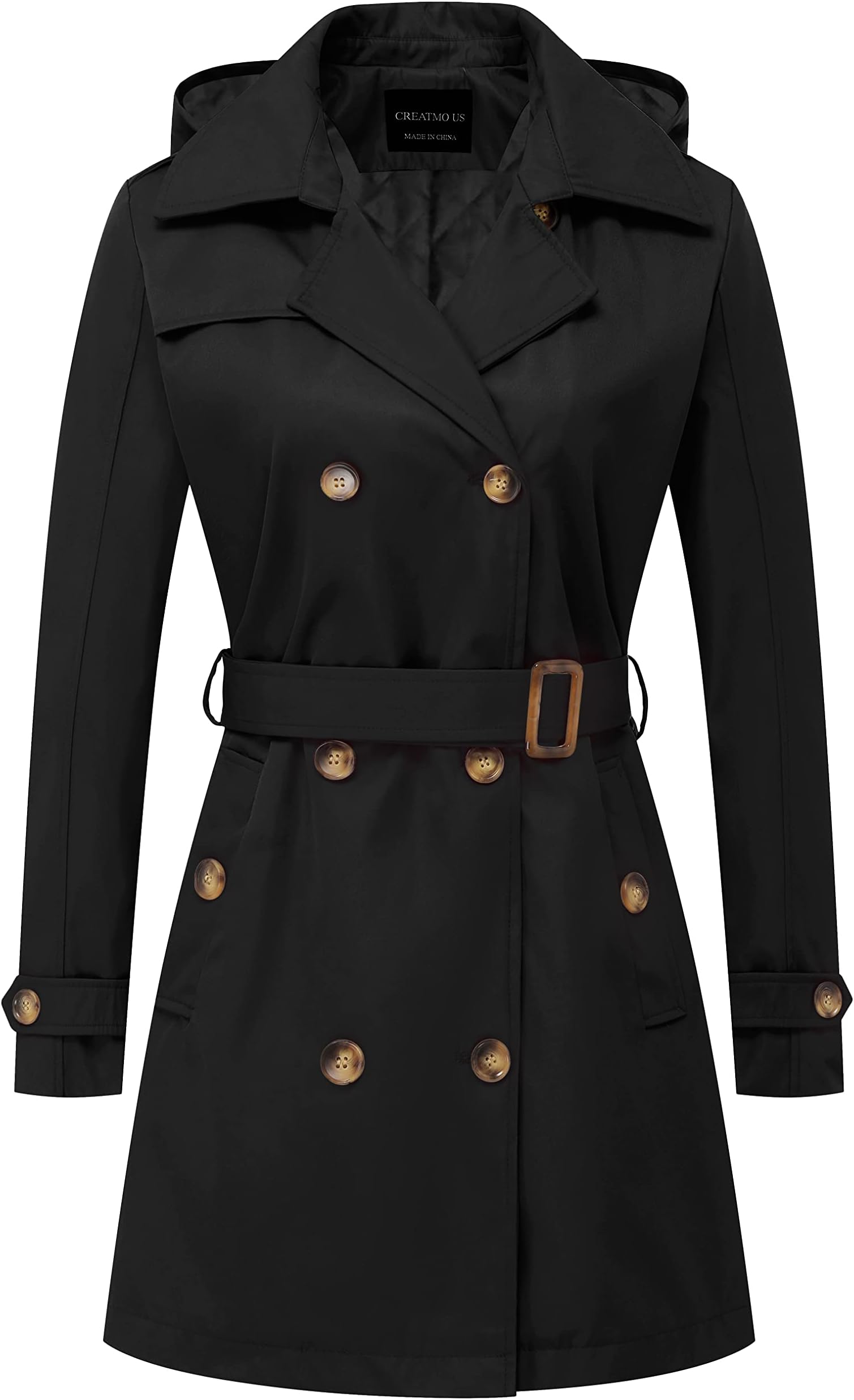 CREATMO US Women's Trench Coat Double-Breasted Classic Lapel Overcoat Belted Slim Outerwear Coat with Detachable Hood