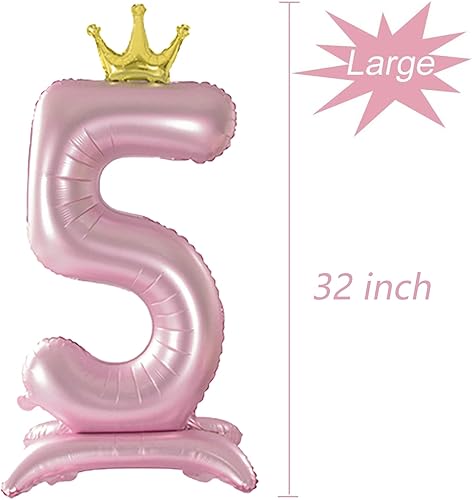 Miniatura 2 de Tellpet Globo rosa con corona número 5 con base para decoración de fiesta de 5 cumpleaños de niñas