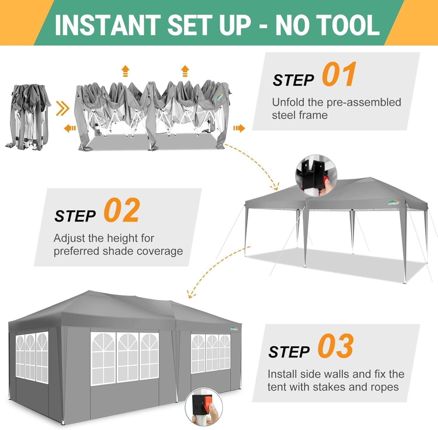 COBIZI Faltpavillon wasserdicht stabil Winterfest Pop up Pavillon 3 x 6 cm Faltbar mit 6 Seitenwnden UV-Schutz 50+ Festival Partyzelt 3 x 6 Zelt Gartenpavillon für Strand Hochzeit Picknick, Grau