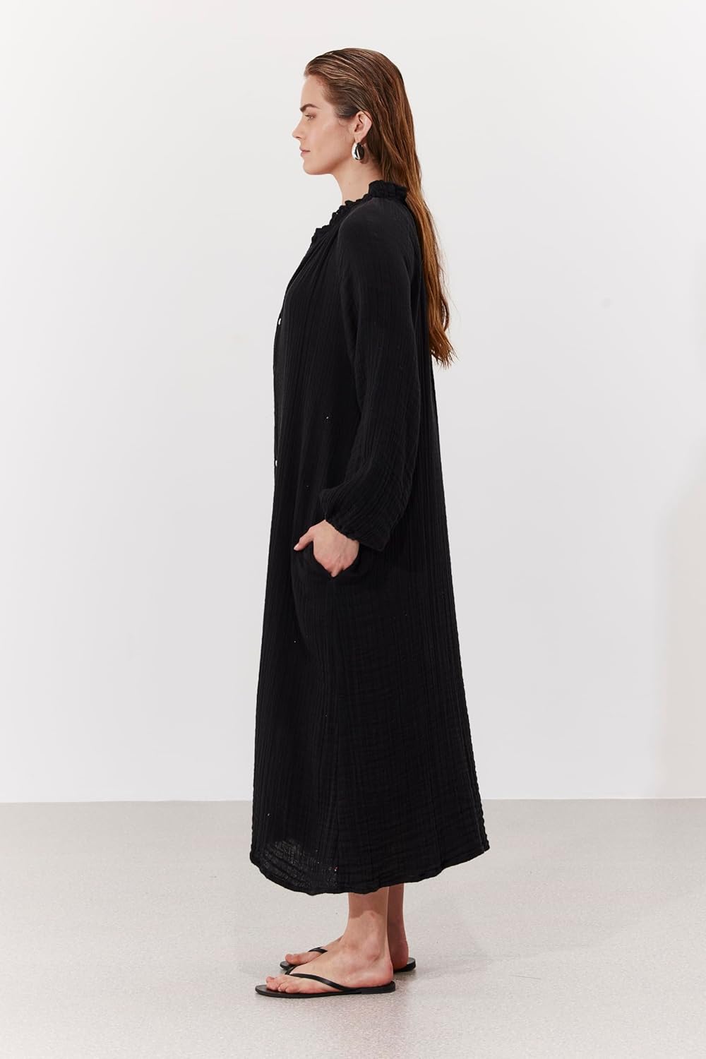 Gottex Beach Life Cloudshore Ruffle Collar Dress Cover-Up - Button Closure, Side Pockets, Long Sleeves, One Size Fits Most - Image 2