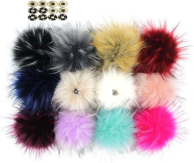 Pack of 12 Large Faux Raccoon Fur Pompoms Fluffy Pom Pom Ball for Knitting Crafts Accessories Hats DIY with Press Snaps 5in (Colorful Mix)