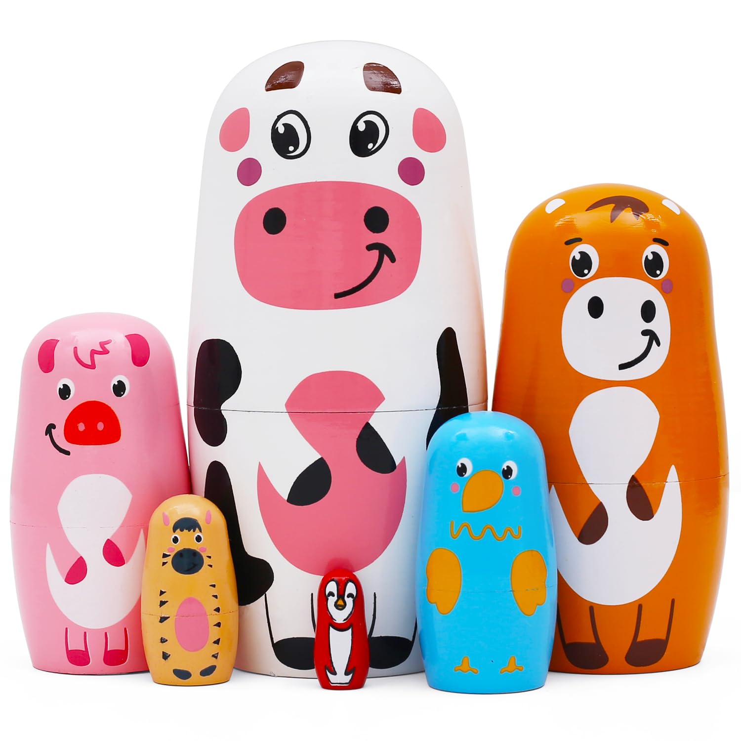 NEPOG Farm Animal Nesting Dolls, Cute Cow Cattle Pig Chick Horse Bird Wooden Russian Doll Set 6 Pieces, Wooden Matryoshka Dolls for Kids Boy Girl Birthday Christmas Home Office Decoration