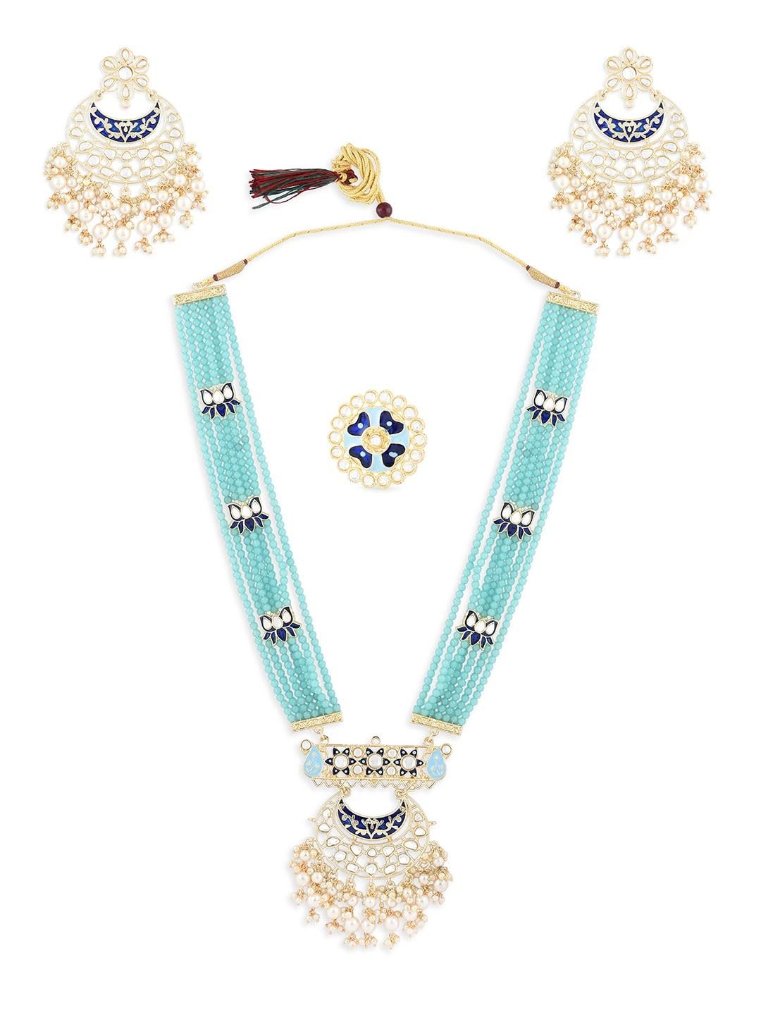 Joyas Kundan Meenakari en latón chapado en oro azul de alta joyería artesanal para bodas 8