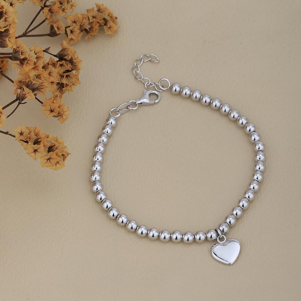 Vanbelle Sterling Silver Jewelry - Rhodium Plated with 925 Stamp - Beaded Chain with Hanging Heart Charm Bracelet - Handcrafted for Women - 6.5" long + 1" extender - Image 7