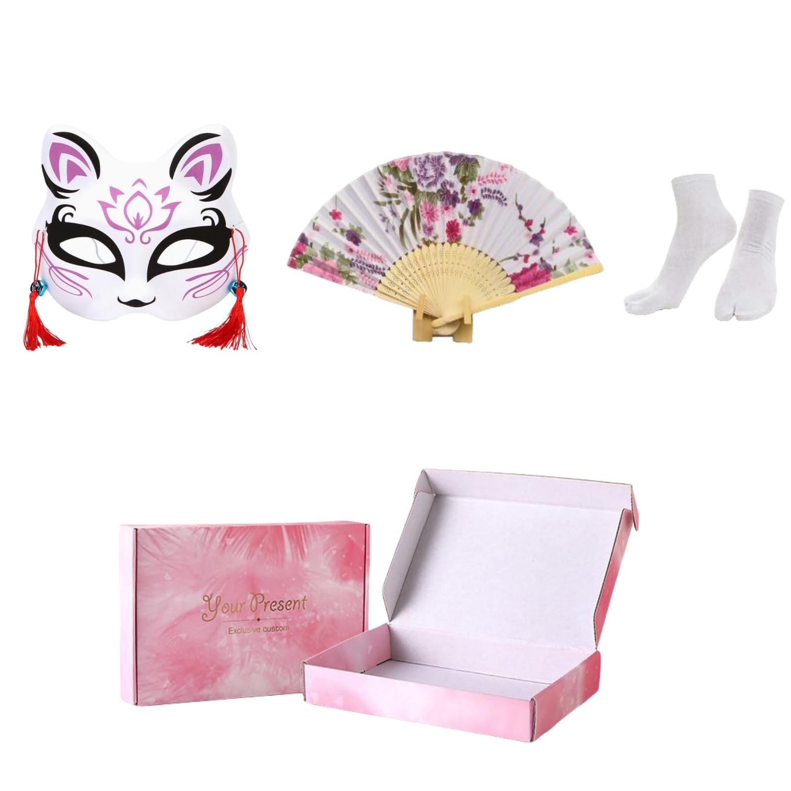 Robe Kimono Japonaise pour Femmes, Japonais Traditionnel Yukata Femme, Paon Peignoir, Masque Kimono Eventail à Main Ensemble de Chaussettes