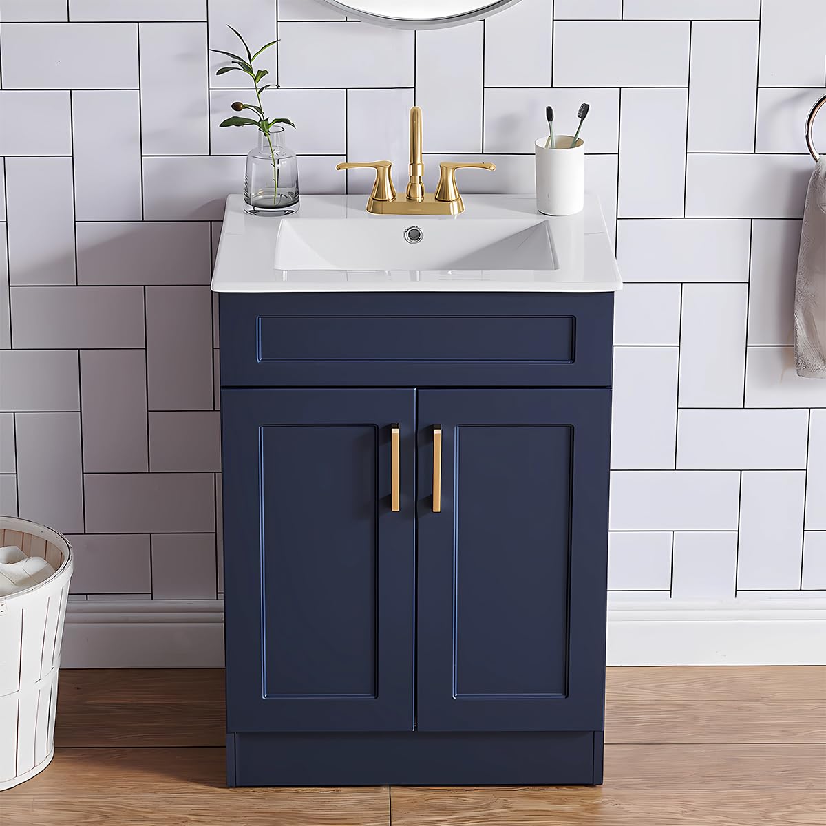 24 Inch Small Bathroom Vanity with Ceramic Sink, Blue Bathroom Vanity Cabinet with 2 Doors, Modern Wooden Cabinet with Sink similar not exact