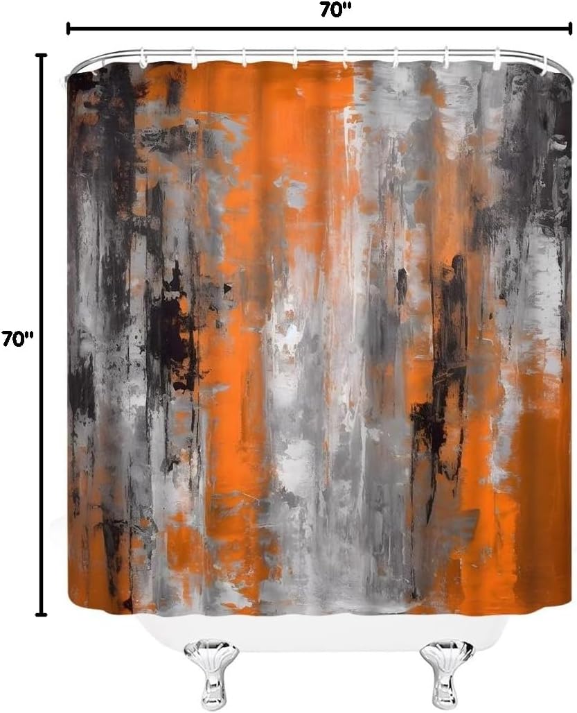 Abstract Orange Shower Curtain Burnt Orange and Gray Grunge Style Abstract Art Oil Painting Modern Bathroom Decor Curtain Set with Hook