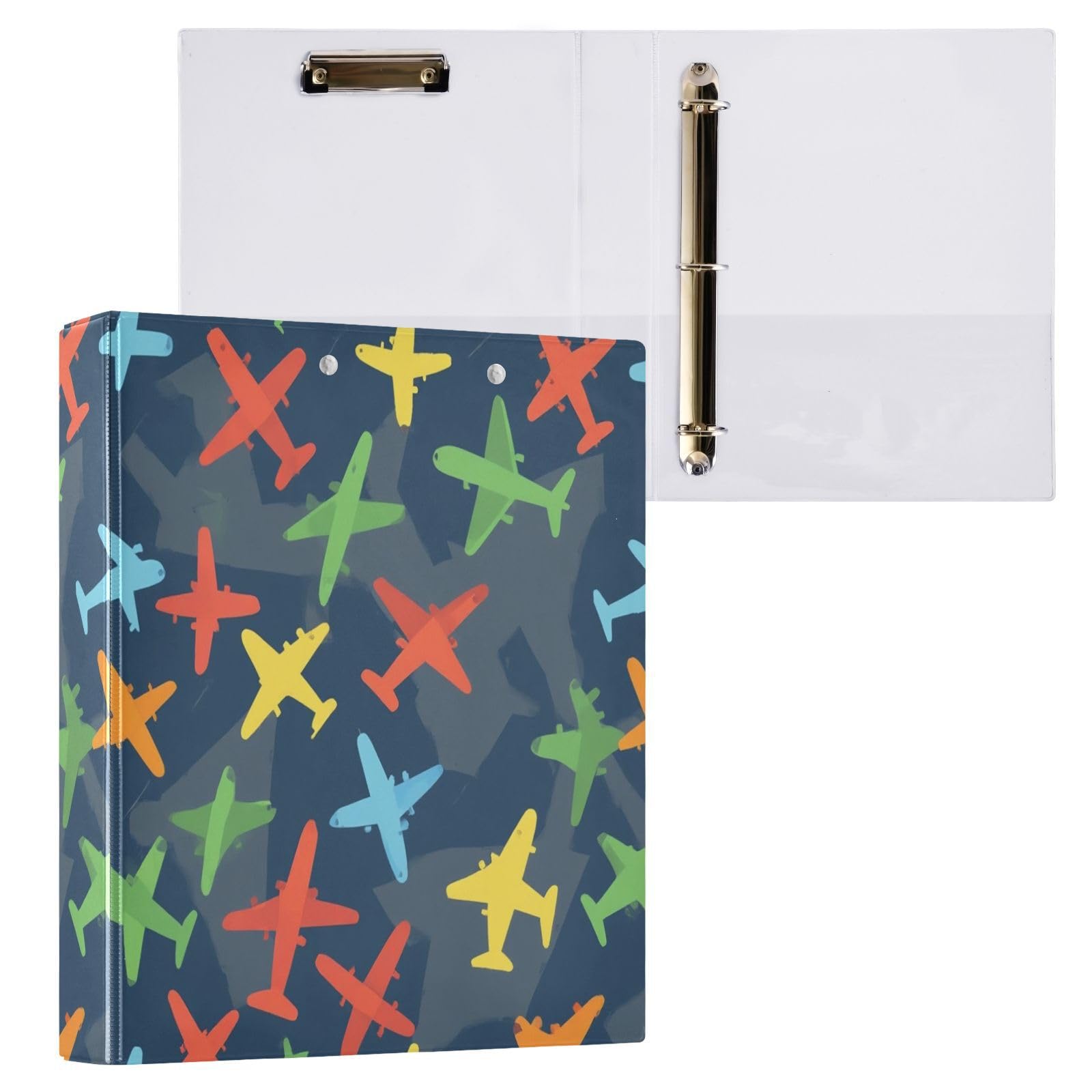 Caikeny 3 Ring Binder Airplanes Neon 1.5 Inch Binders Grey Round Ring Clipboard with 2 Pockets for Office Supplies