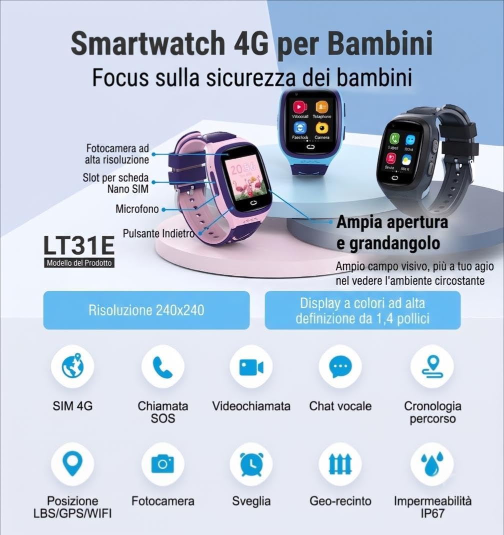 Generico Smartwatch per Bambini con Videochiamate 4G, Nano SIM, Tracciamento GPS dual‑band, Batteria da 700mAH, 2 Giorni di Autonomia e Resistenza IP68, Display 1,4'' | Modelle LT31 | Colore Celeste