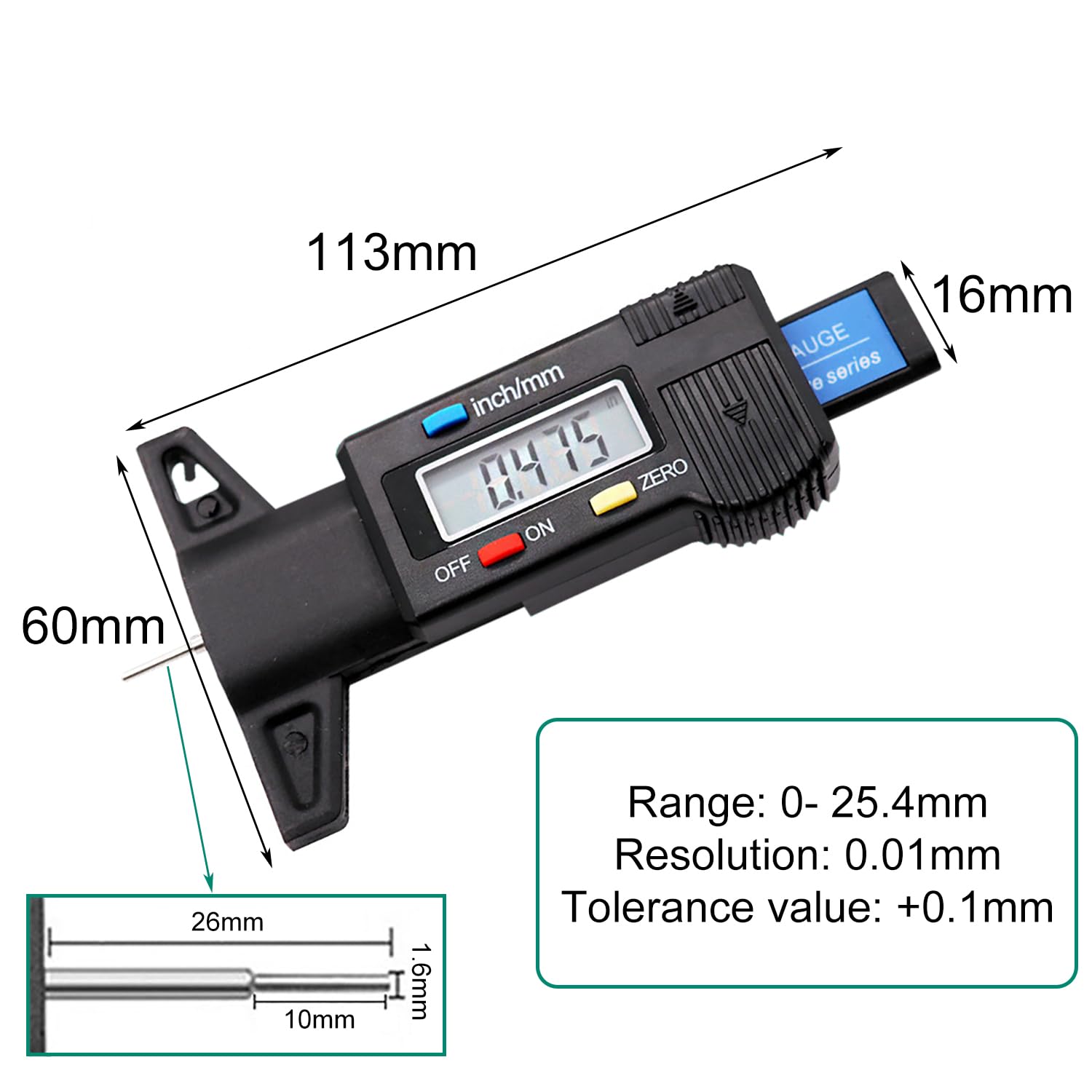 Medidor Digital de Profundidad de Perfil para Neumáticos, con Pantalla LCD, 0-25.4mm Profundidad Neumáticos, para Autos, Camiones, Motocicletas