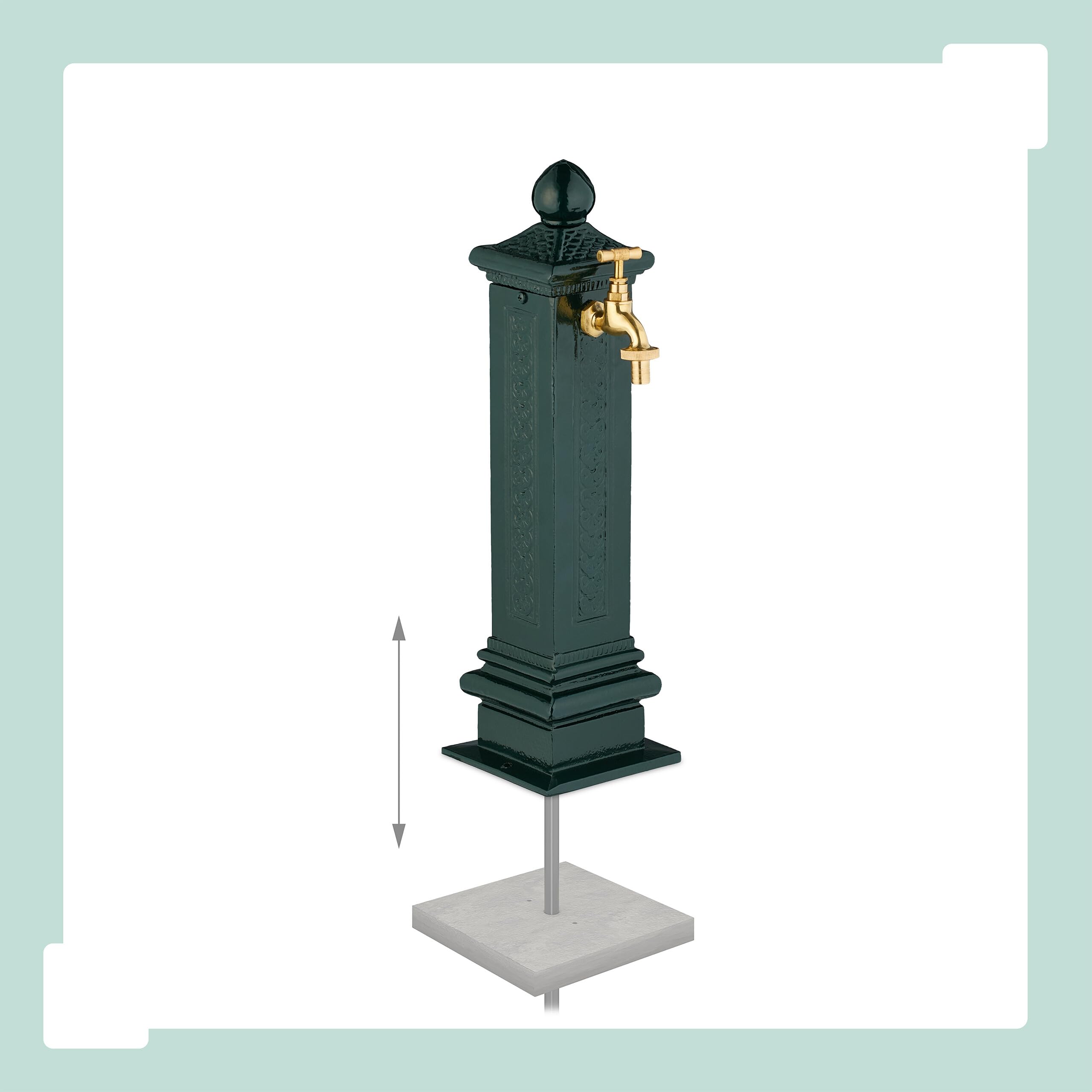 Relaxdays Fontana da Giardino in Stile Antico, Fontanella a Colonna con Rubinetto Acqua, HLP: 47x14x18,5 cm, Verde Scuro