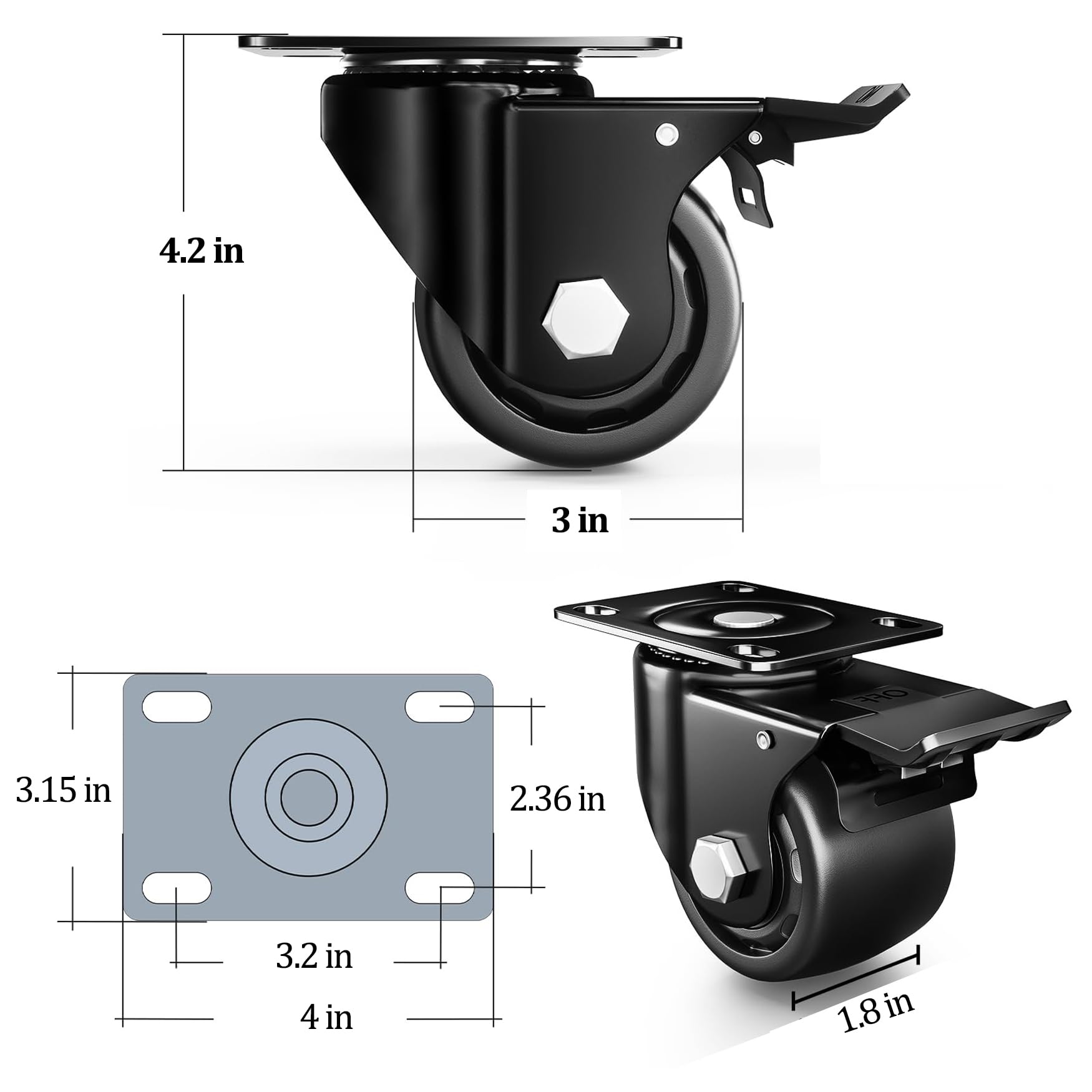 WiseLifeTech 3 Inch Caster Wheels, Plate-Swivel Casters Set of 4, 1200 lbs Heavy Duty Casters with Wheel Lock, Black Polyurethane Workbench-Industrial Casters Furniture-Castor Wheels