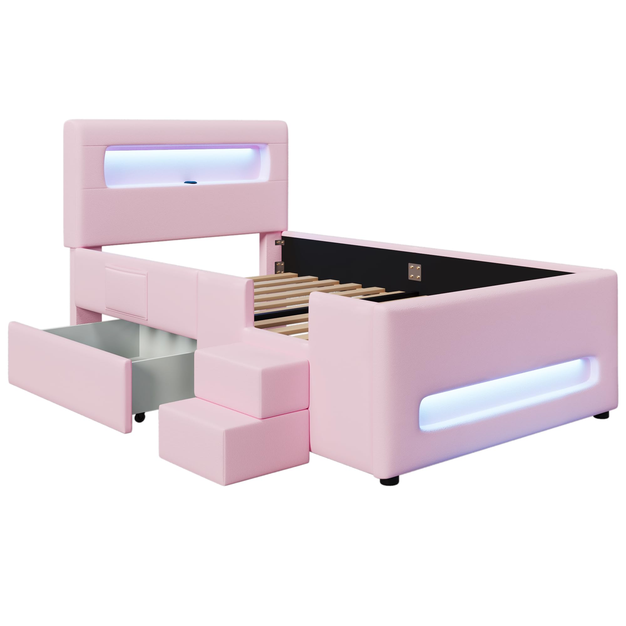 Letto a piattaforma imbottito (90 x 200 cm) con scale, cassetti, strisce luminose a LED e tasche portaoggetti (rosa)