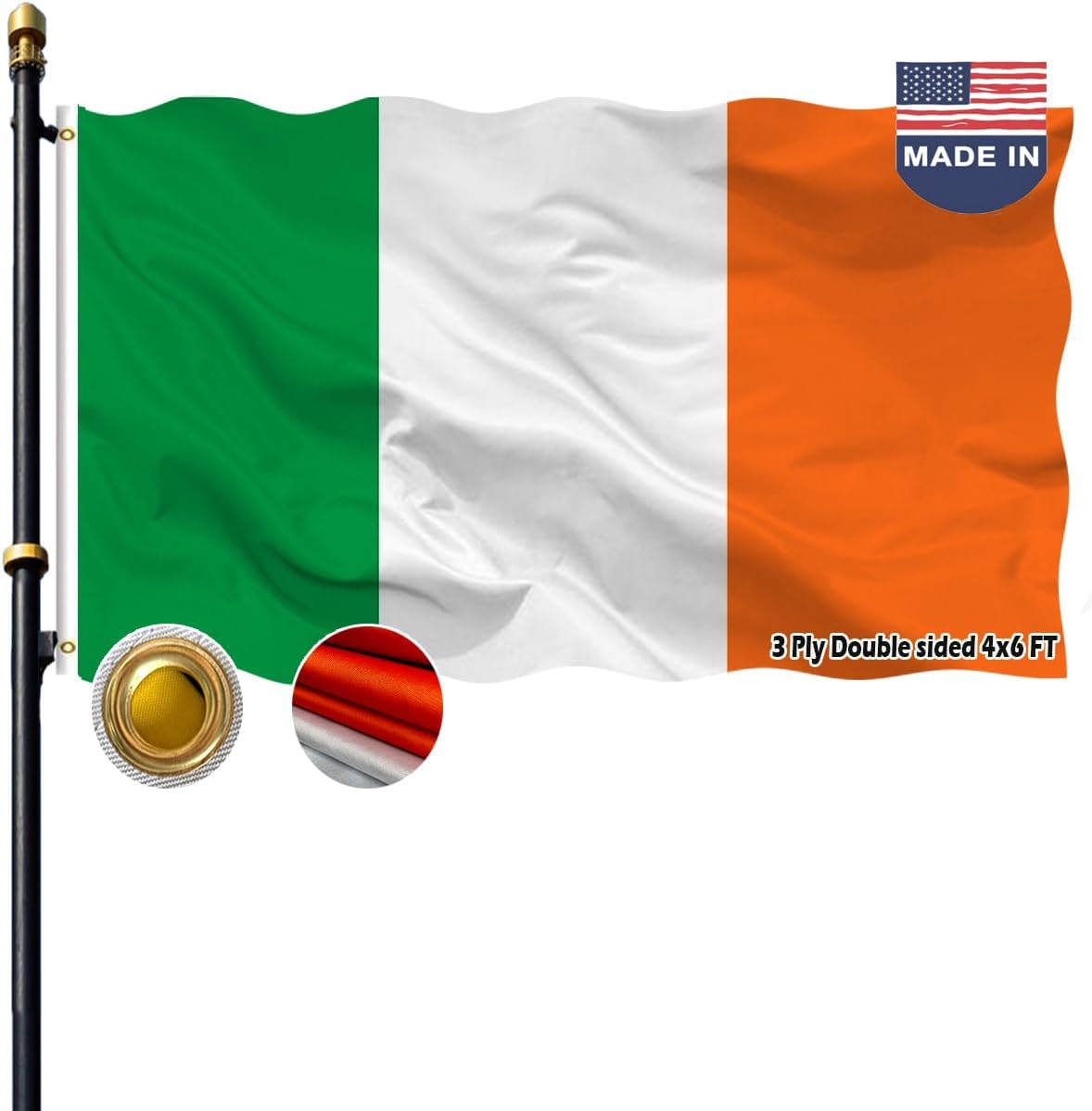 VOLTA Double Sided Irish State Flag 4x6ft, Outdoor Heavy Duty 3-Ply Durable Polyester Irish State Flag with Canvas Header/Brass Grommets for Indoor and Outdoor Decoration