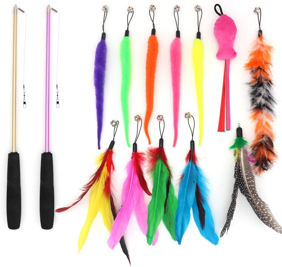 SLSON 14 Pack Retractable Cat Feather Wand Set, Feather Cat Teaser Toys, 2pcs Interactive Cat Wand Toys and 12pcs Feather Teaser…