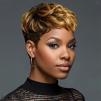 Naseily Short Synthetic Wig, Ombre Brown and Blonde Curly Hair, Pixie Cut Style