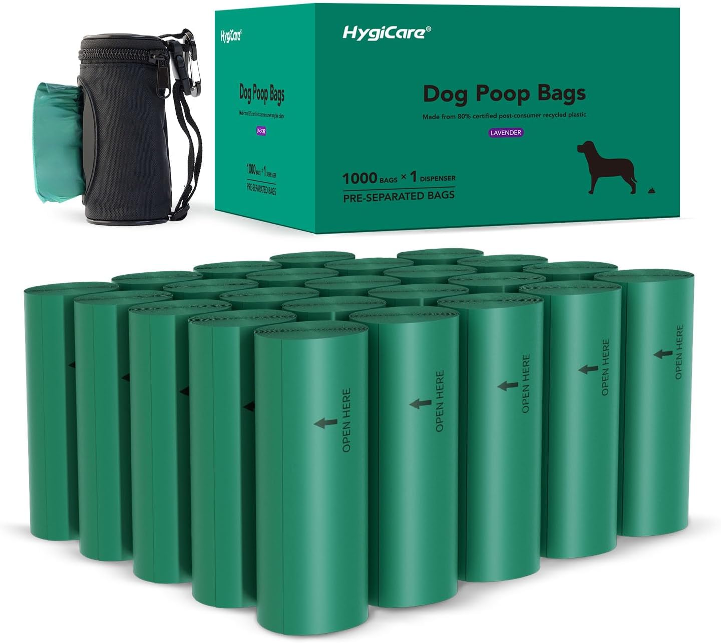 HygiCare Extended Dog Poop Bags with Dispenser, 1000 Count, Pre-Separated, Lavender Scent, Eco-friendly Material, Extra Thick, 100% Leakproof, 8"x 15.6", Green