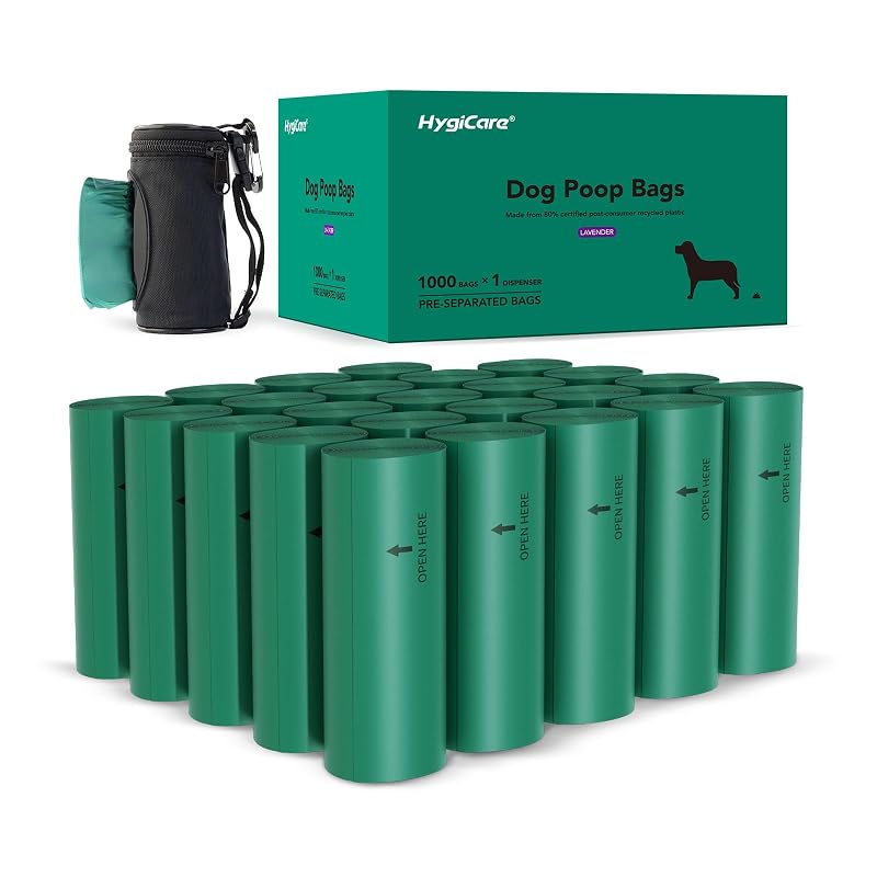 Bolsas para Fezes de Cães HygiCare com Dispenser, Material Reciclado, Lavanda, 20,32 x 39,62 cm, Pacote com 1000