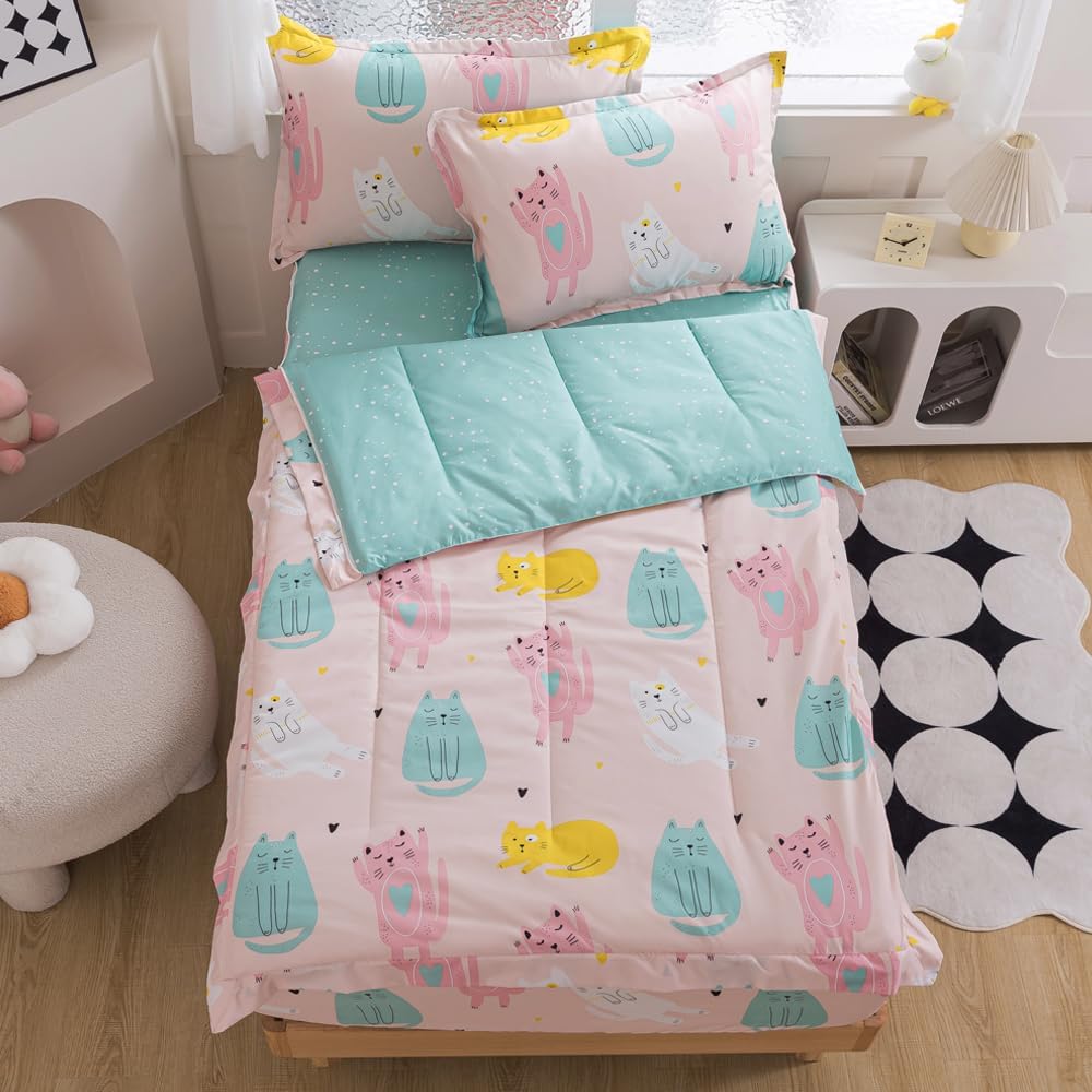 ADASMILE A & S Cat Comforter Set Twin Size for Girls Zipper Bedding Twin for Kids Kawaii Cat Bedding Sets Cartoon Cats Bed in A Bag Comforter with Blue Sheet and Pillow Shams All Season Home Decor
