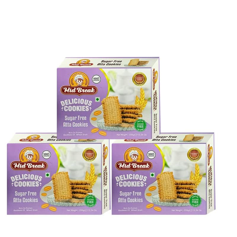 Mid Break - Sugar Free Atta Biscuits | Sugar Free Atta Cookies |Wheat| Atta Biscuits | Premium Handmade Cookies | 300 Gm X 3 | Pack Of 3