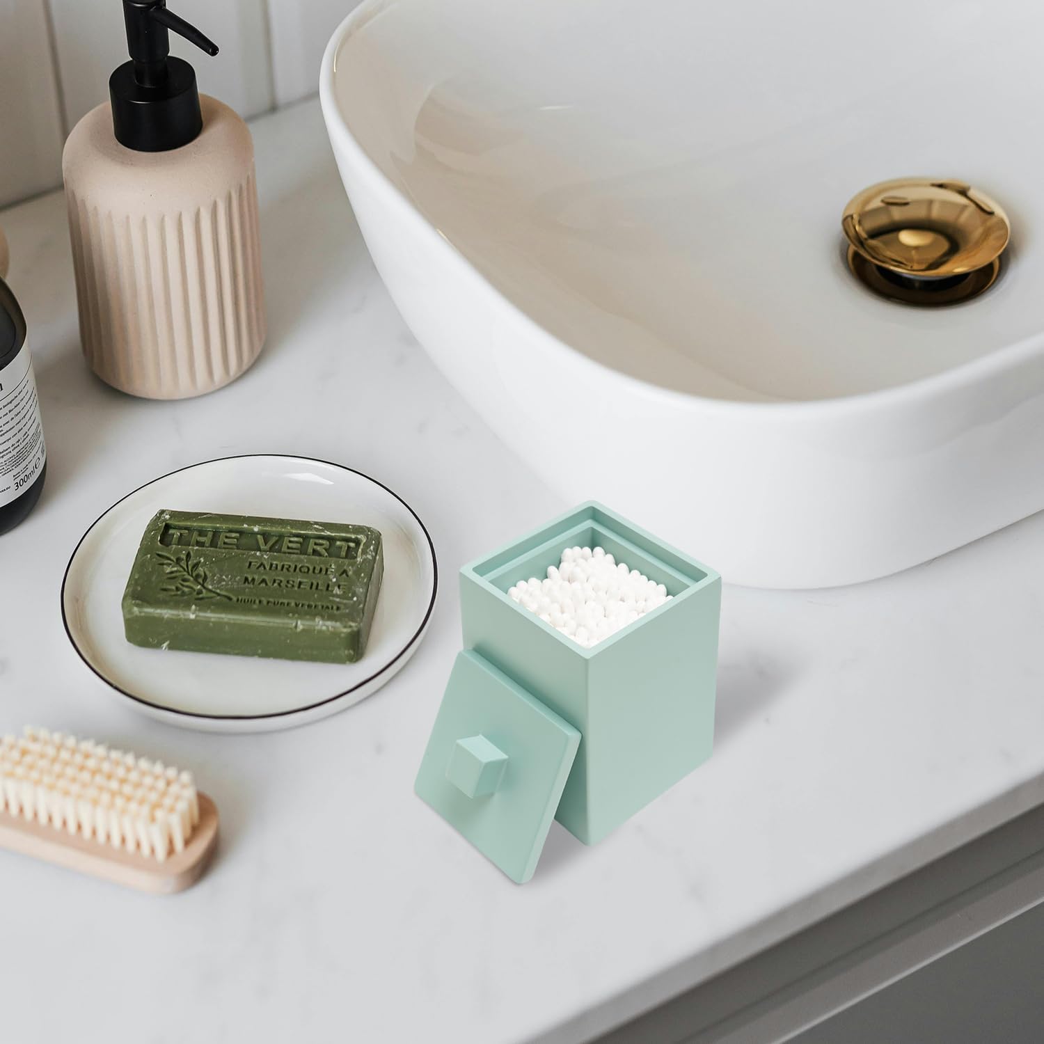 Bathroom Qtip Holder with lid, Resin Jar ,Square, Matte Green