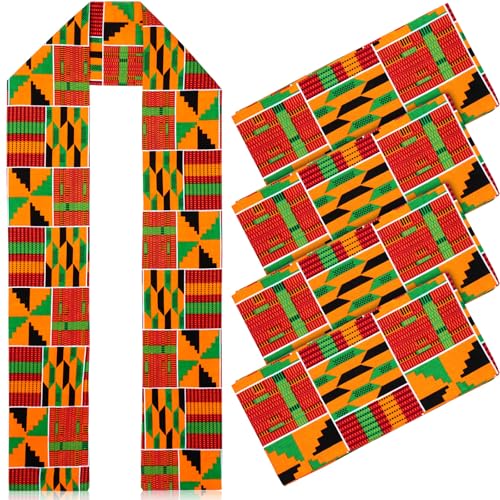 Jeyiour 4 Pcs African Kente Scarf Unisex African Print Stole Sash Cloth Scarf for Black History Month 5.7 x 70 Inch