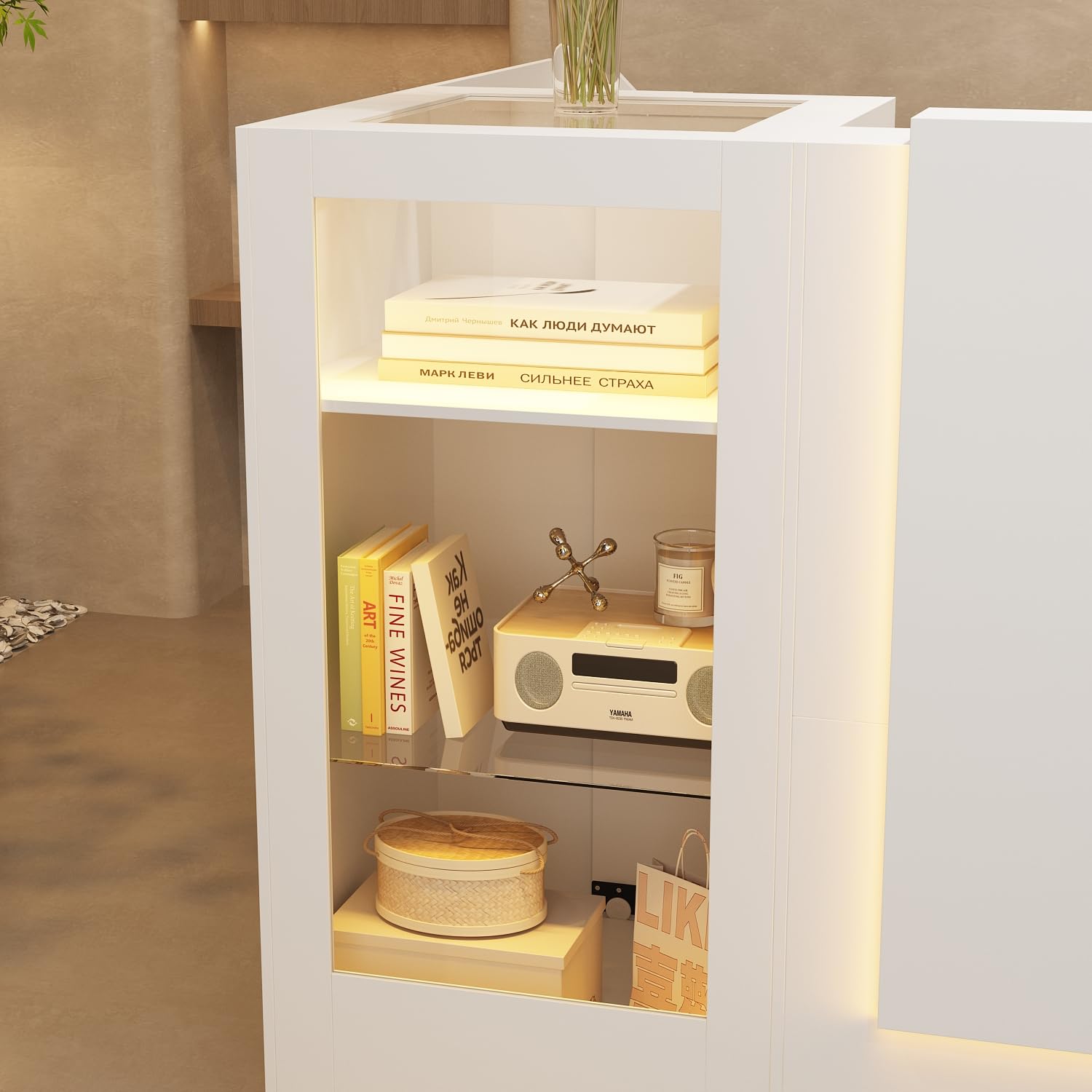 Banco di ricezione ad angolo bianco, con cassetto della tastiera e 2 armadi, cassette con strisce luminose, cassette di ricezione con piano in vetro temperato, tavolo da reception, 120 x 122 x