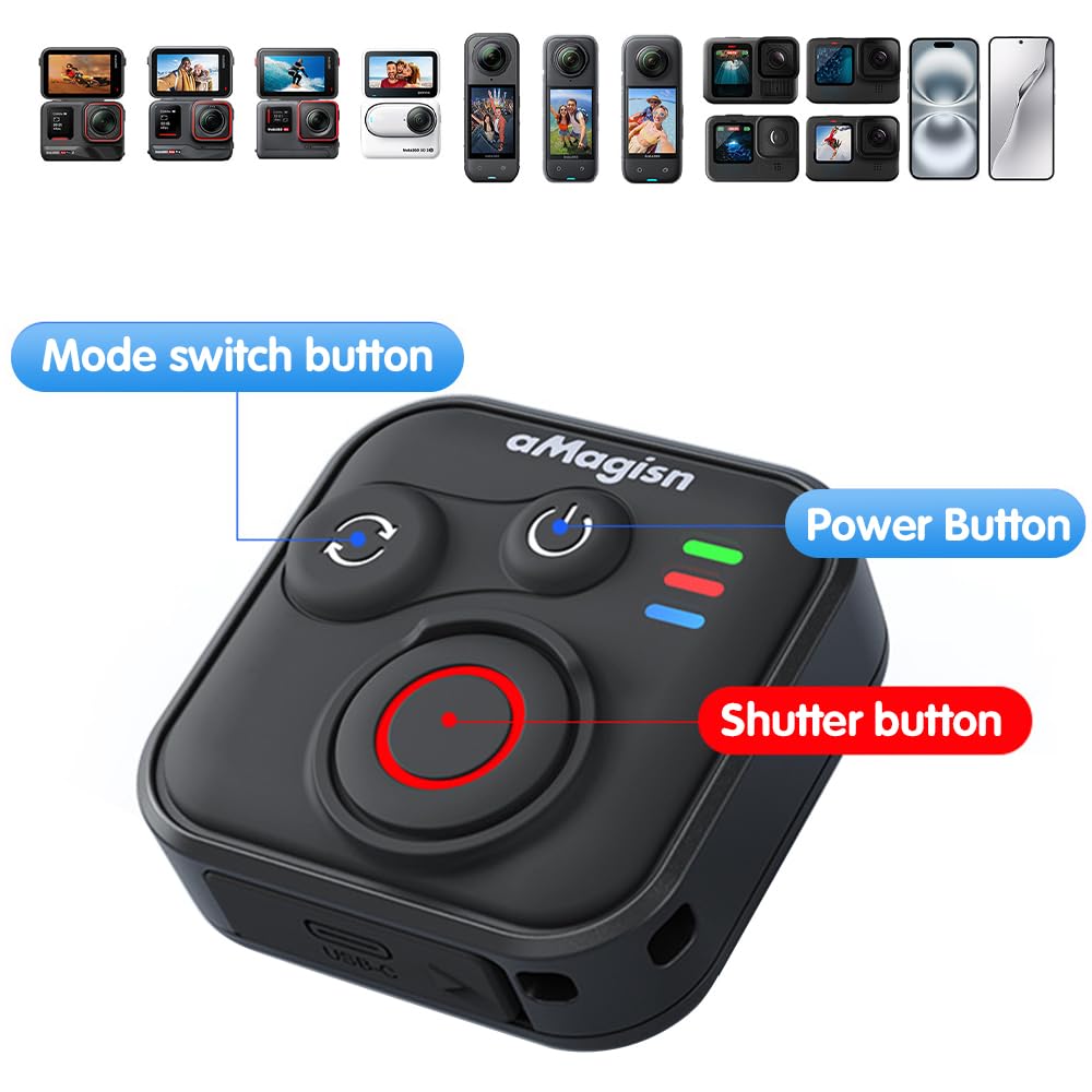 Télécommande Bluetooth pour Insta360 X5/X4/X3/Ace Pro/Ace Pro 2/Go3s/Go3/Gopro/One R/RS/Hero 13/12/11/Ios/Android, Télécommande sans Fil pour Insta360 avec Dragonne, Portée De 50 M, Étanche