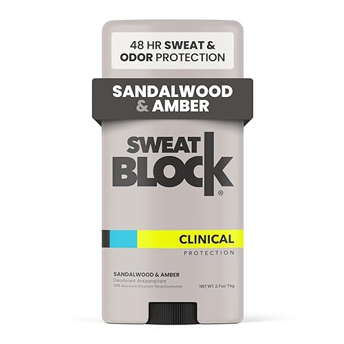 SweatBlock Desodorante de fuerza clínica, antitranspirante para hombres y mujeres, aroma de sándalo y ámbar, protección de 48 horas contra el sudor