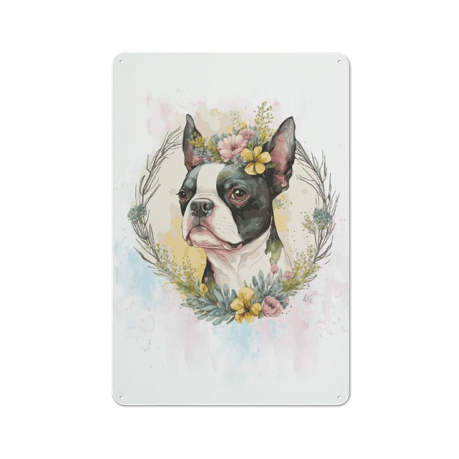 Junmoney Style-20 Nostalgic Floral Boston Terrier Metal Wall Sign 30X20cm, Classic Pub Decor For Bar, Kitchen, Garage Or Games Room