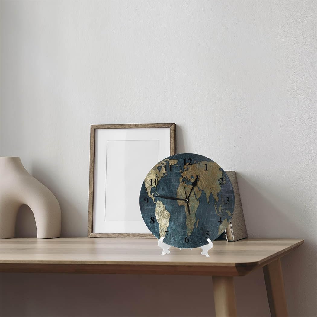 World Map Wall Clock Round 10 Inch Battery Operated Continent Global Territory National Boundary Frameless Silent Wooden Clocks Art Decorative Living Room Classroom Bedroom Office