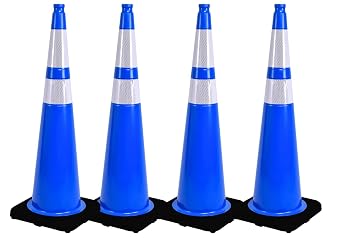 36 Inch Blue Traffic Cones with Black Rubber Base and Reflective Stripes PVC Road Construction Cones Safety Cones for Traffic Control, Parking Lots, and Construction Events 4 Pack