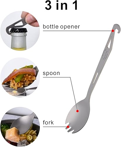 Miniatura 5 de Juego de 2 tenedores de titanio para camping, tenedor y abridor de botellas 3 en 1, utensilios multifuncionales ultraligeros con bolsa de