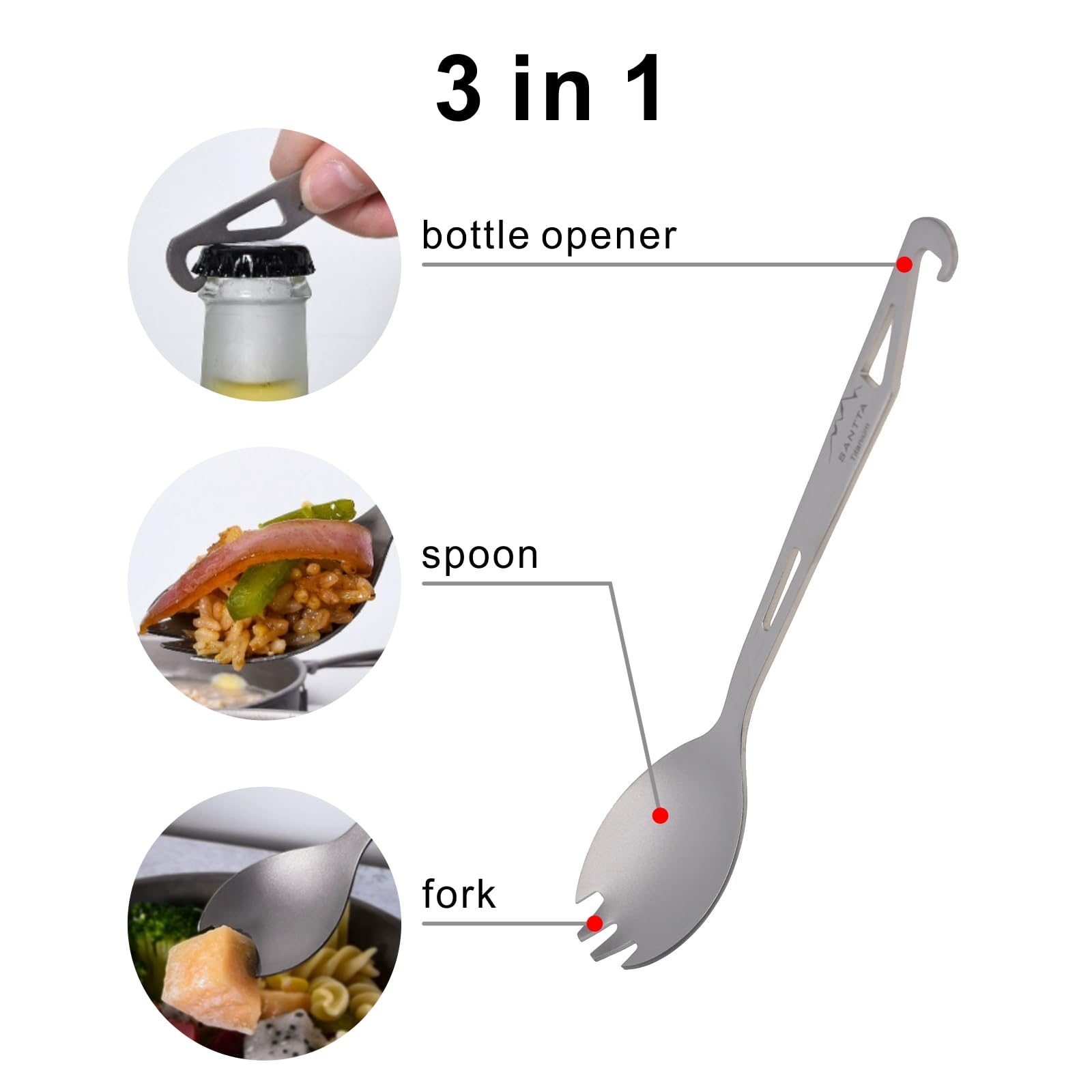 SANTTA Utensilios de camping de titanio, tenedor ultraligero de titanio (cuchara y tenedor) con abrebotellas, cubiertos para acampar al aire libre, senderismo y viajes, juego de 2 piezas