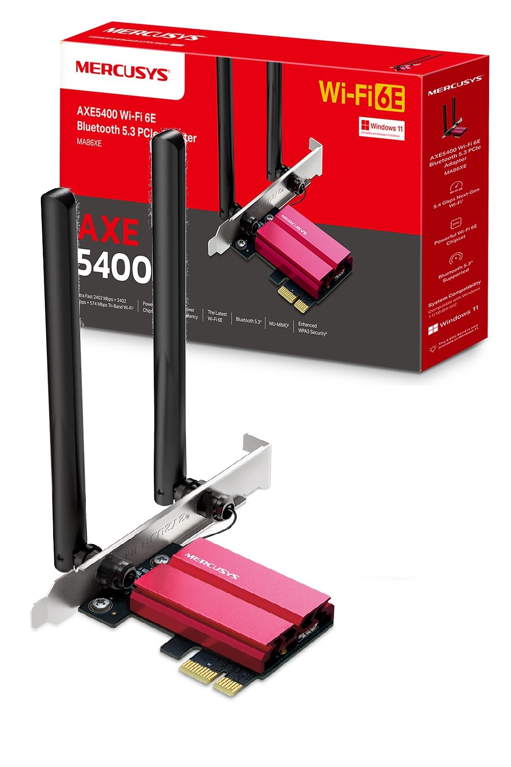 Mercusys MA86XE Carte Wi-FI PCIe Wi-FI 6E AXE5400 Tri-Bande, Bluetooth 5.3, Antennes Haute Performance, WPA3, Compatible PC Windows 10/11