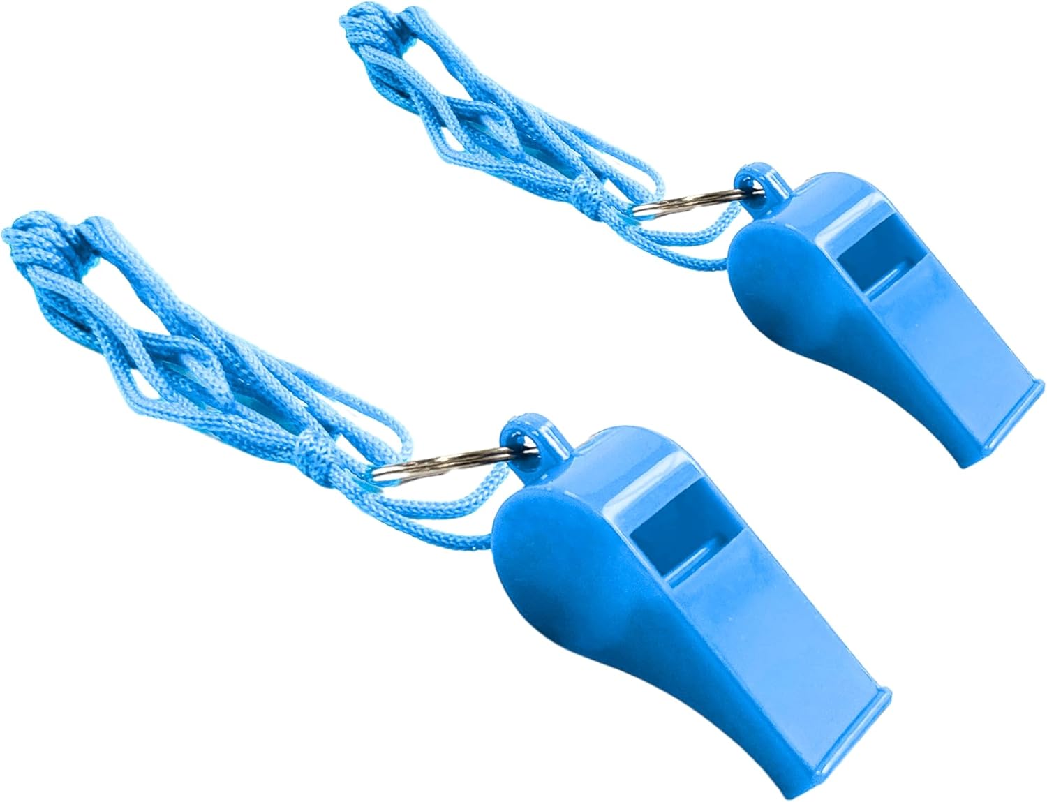 Pack of 100 Light Blue Plastic Whistles with Lanyard Neck Cord