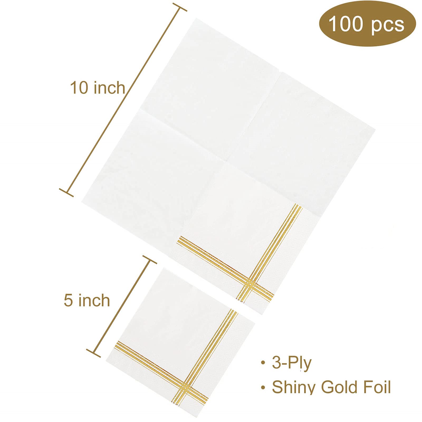 100 servilletas de cóctel de 3 capas de color blanco y dorado, servilletas de 12,7 x 12,7 cm, servilletas desechables de papel a rayas doradas, servilletas de postre de papel para bodas, baby shower